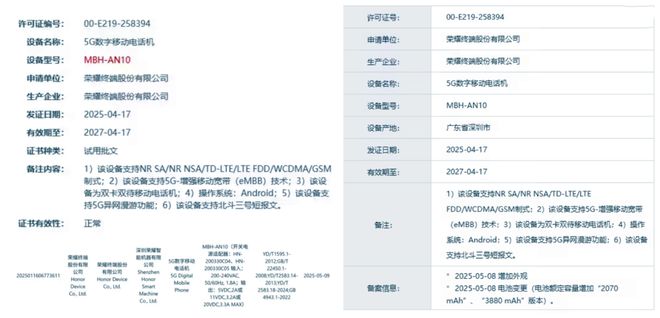 有线快充+北斗功能三证也已齐全荣耀神秘新机突然入网：66W(图2)